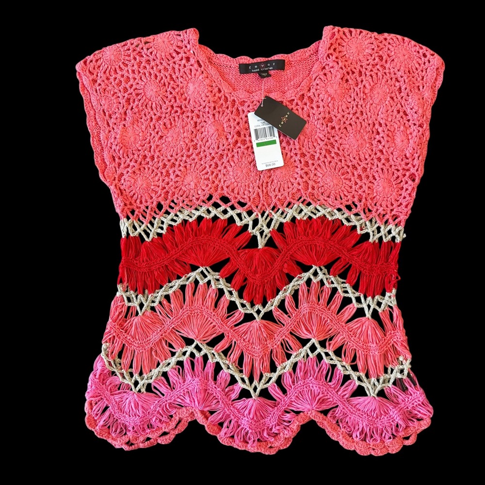 Fever Boho Hand Crochet Sleeveless Top Coral Pink Chevron NWT L festival coastal